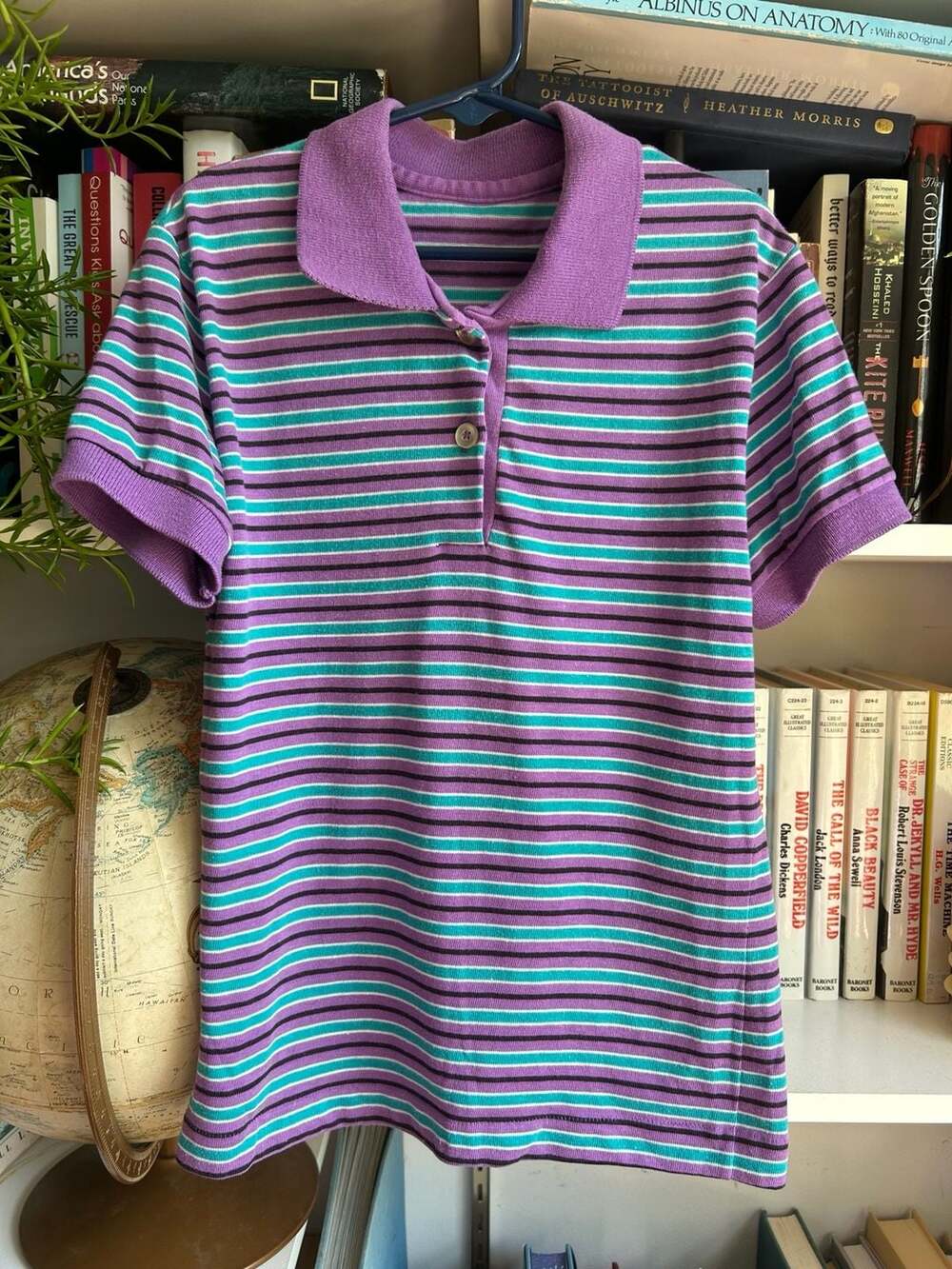 Vintage Striped Knit Collared Polo Shirt Purple Teal Turquoise